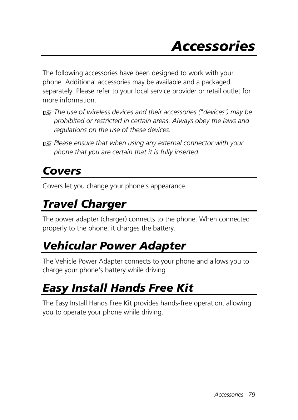 Accessories, Covers, Travel charger | Vehicular power adapter, Easy install hands free kit | Motorola Talkabout 192 User Manual | Page 89 / 100