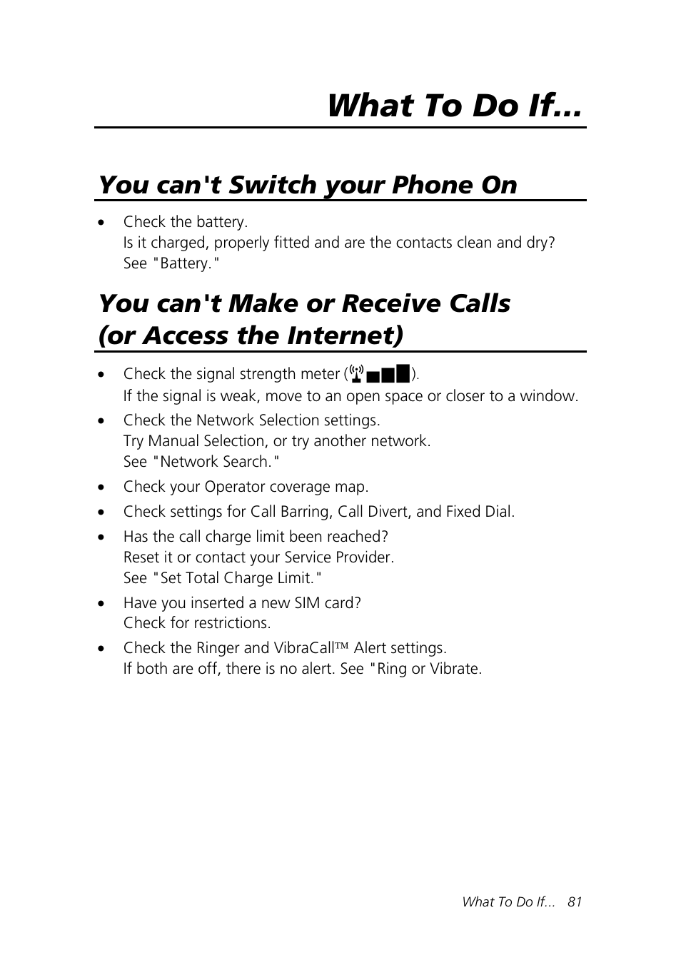 What to do if, You can't switch your phone on | Motorola Talkabout 192 User Manual | Page 91 / 100