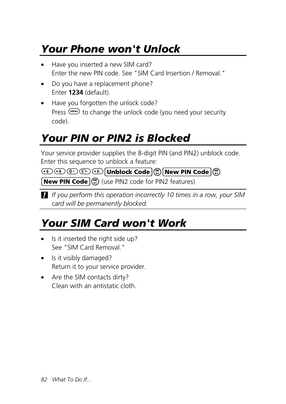 Your phone won't unlock, Your pin or pin2 is blocked, Your sim card won't work | Motorola Talkabout 192 User Manual | Page 92 / 100