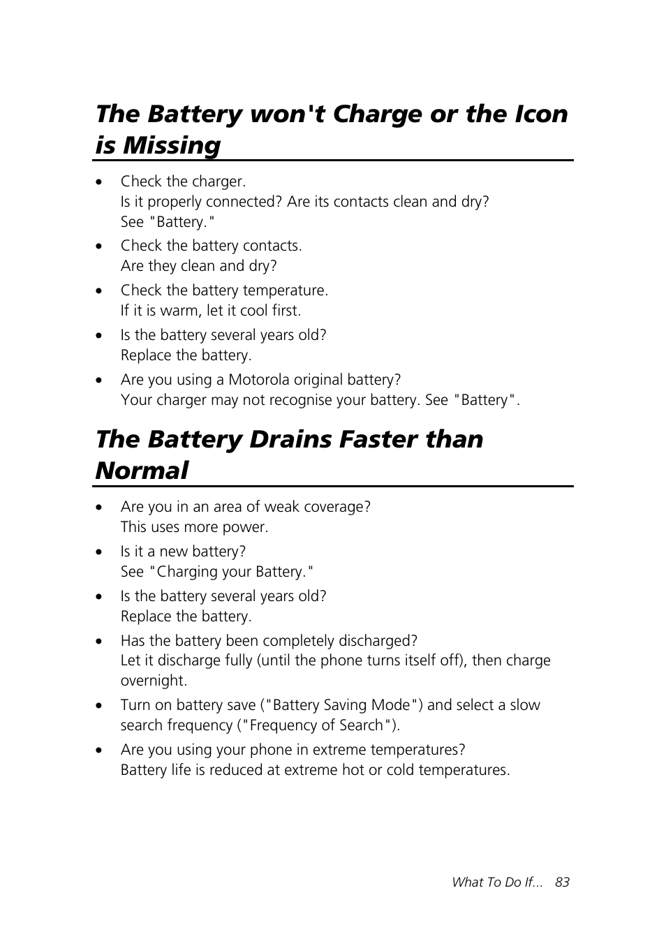 The battery won't charge or the icon is missing, The battery drains faster than normal | Motorola Talkabout 192 User Manual | Page 93 / 100