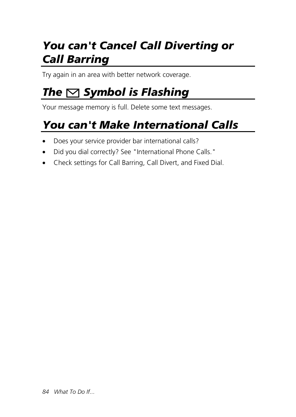 You can't cancel call diverting or call barring, Symbol is flashing, You can't make international calls | Motorola Talkabout 192 User Manual | Page 94 / 100