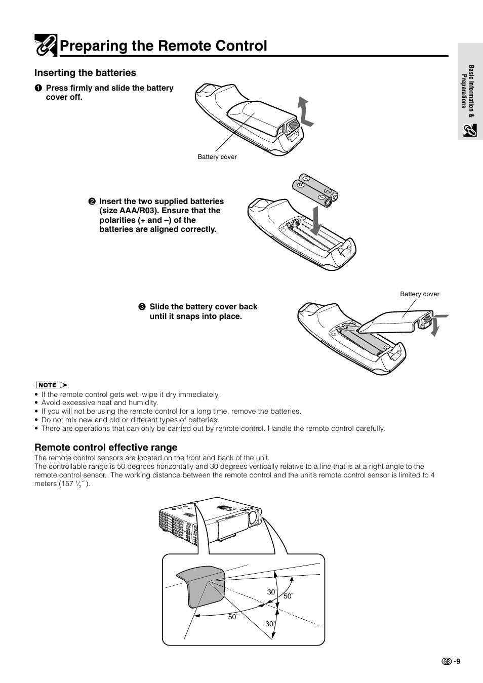 Preparing the remote control, Inserting the batteries, Remote control effective range | Sharp BQC-PGM10X//1 User Manual | Page 4 / 9