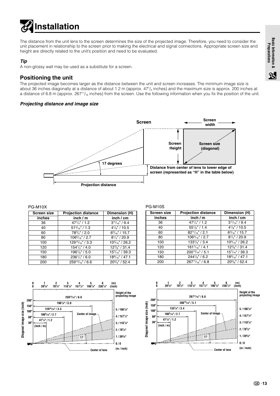 Installation, Positioning the unit, Projecting distance and image size | Screen, Pg-m10s pg-m10x | Sharp BQC-PGM10X//1 User Manual | Page 8 / 9