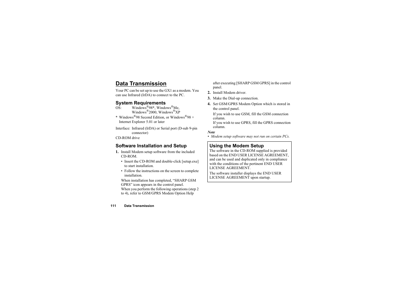 Data transmission, System requirements, Software installation and setup | Using the modem setup | Sharp O2 User Manual | Page 112 / 132