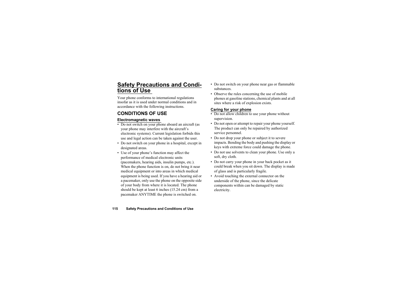 Safety precautions and conditions of use, Conditions of use, Safety precautions and condi- tions of use | Sharp O2 User Manual | Page 116 / 132