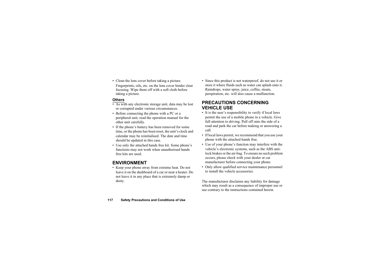 Environment, Precautions concerning vehicle use, Environment precautions concerning vehicle use | Sharp O2 User Manual | Page 118 / 132