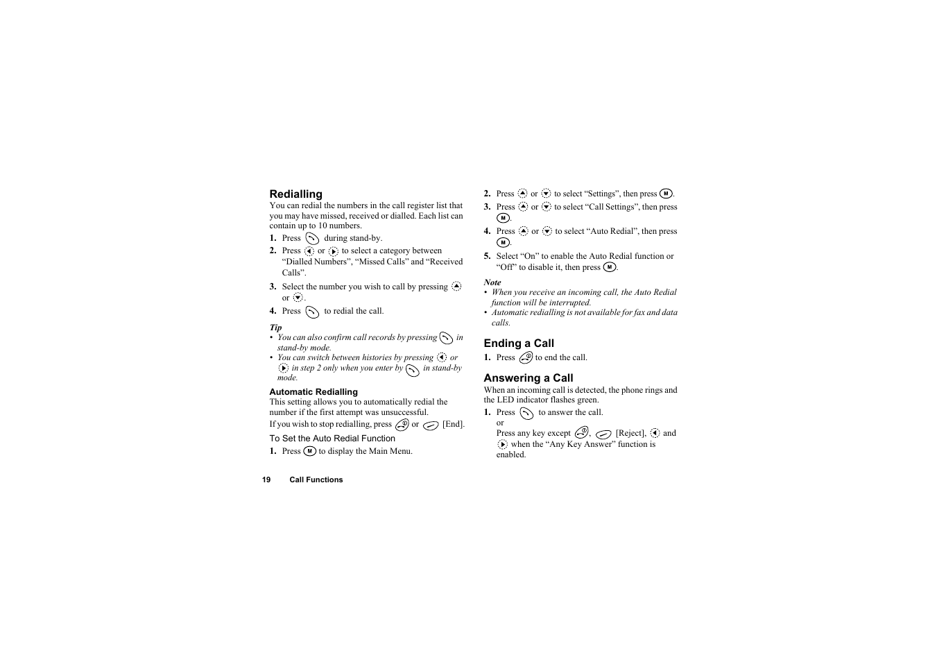 Redialling, Ending a call, Answering a call | Redialling ending a call answering a call | Sharp O2 User Manual | Page 20 / 132