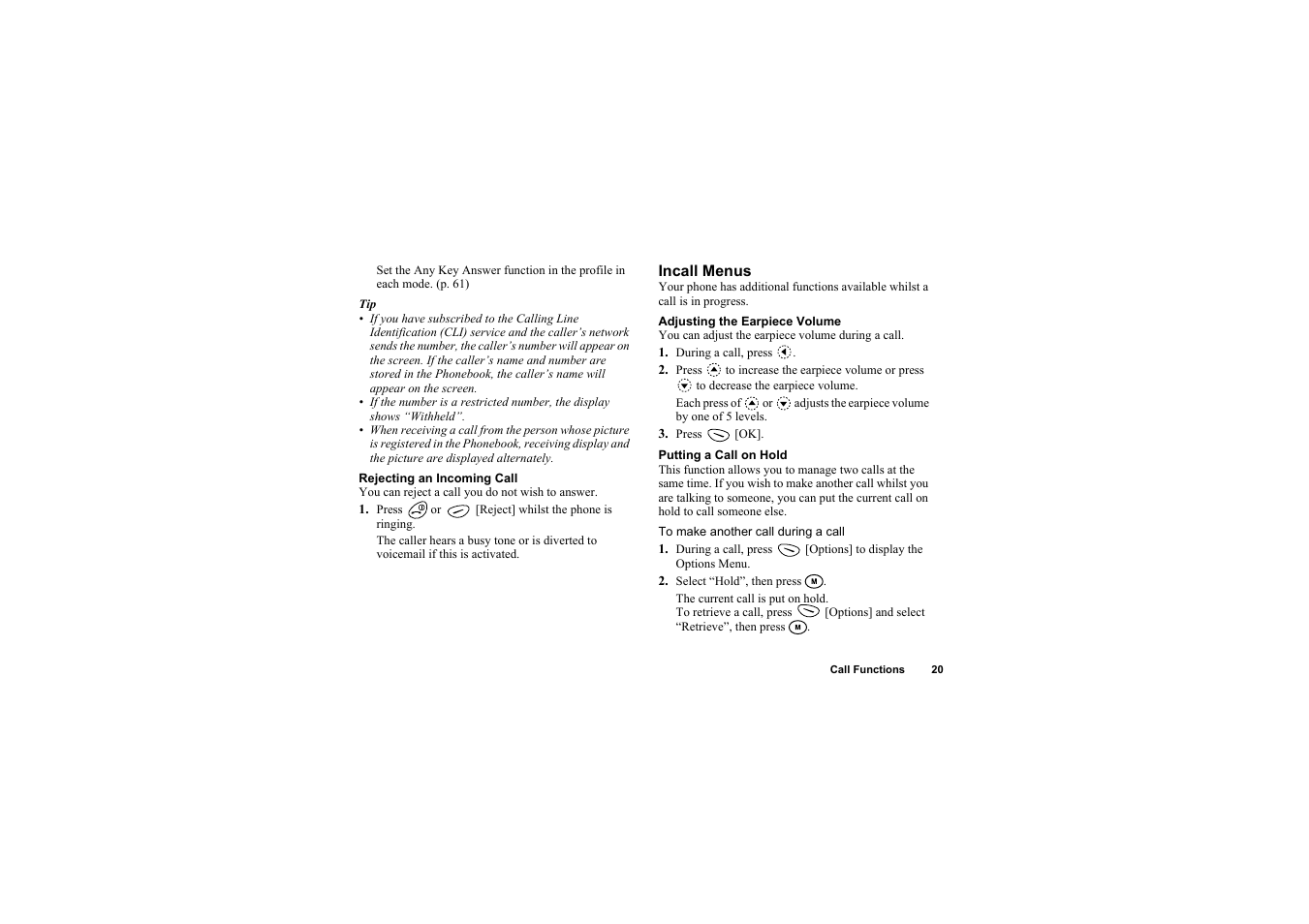 Incall menus | Sharp O2 User Manual | Page 21 / 132