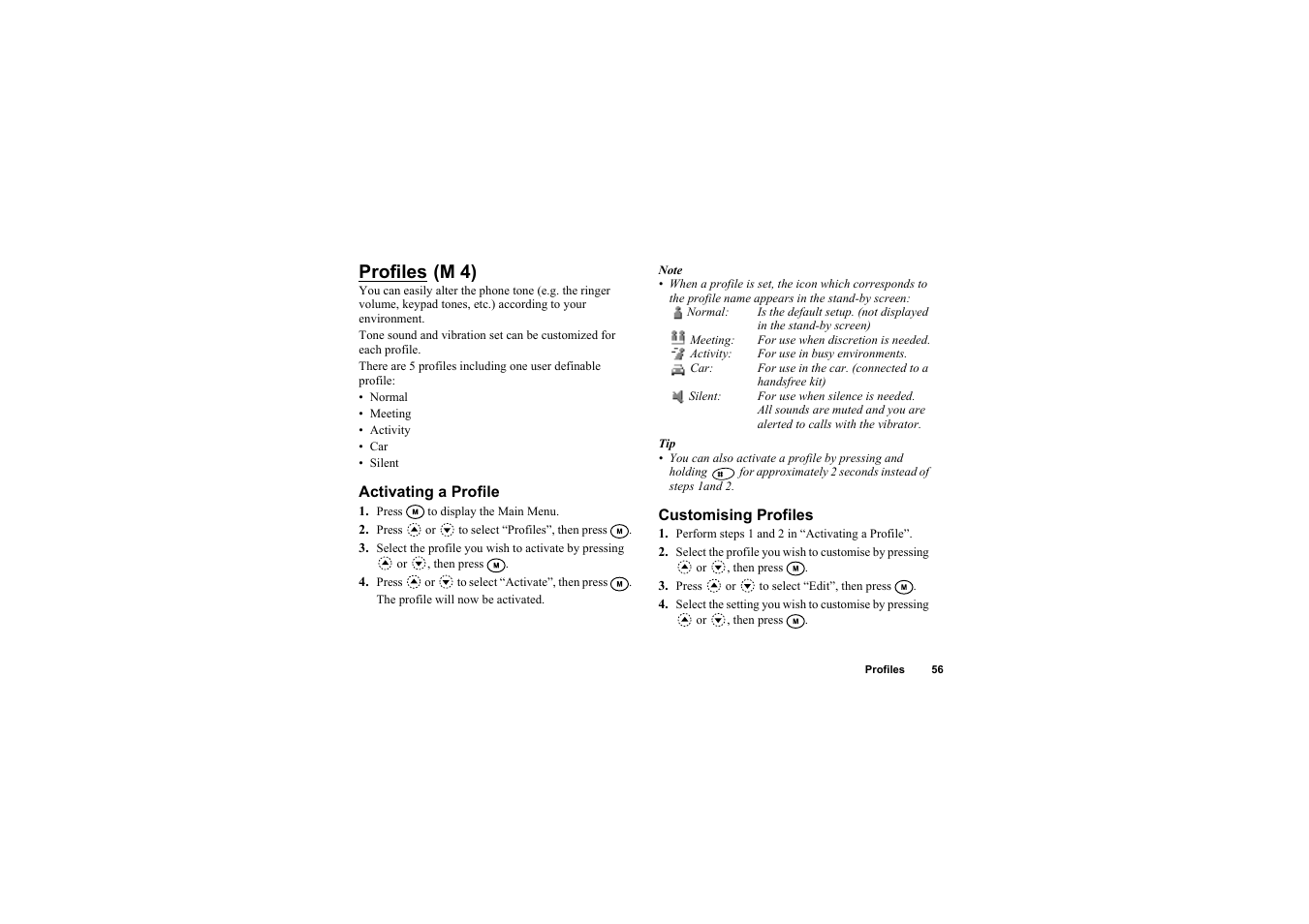 Profiles, Activating a profile, Customising profiles | Activating a profile customising profiles, M 4) | Sharp O2 User Manual | Page 57 / 132