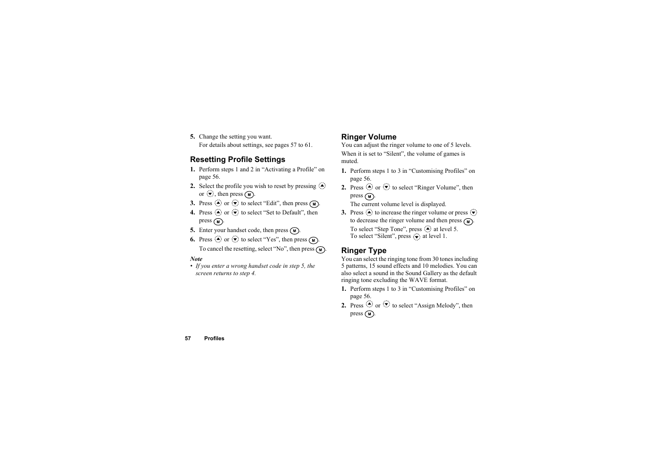 Resetting profile settings, Ringer volume, Ringer type | Sharp O2 User Manual | Page 58 / 132