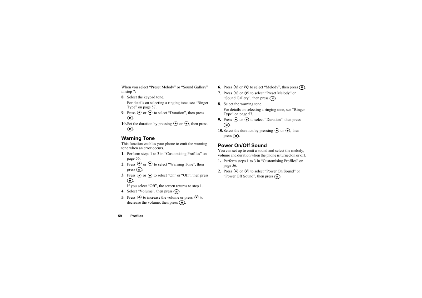Warning tone, Power on/off sound, Warning tone power on/off sound | Sharp O2 User Manual | Page 60 / 132