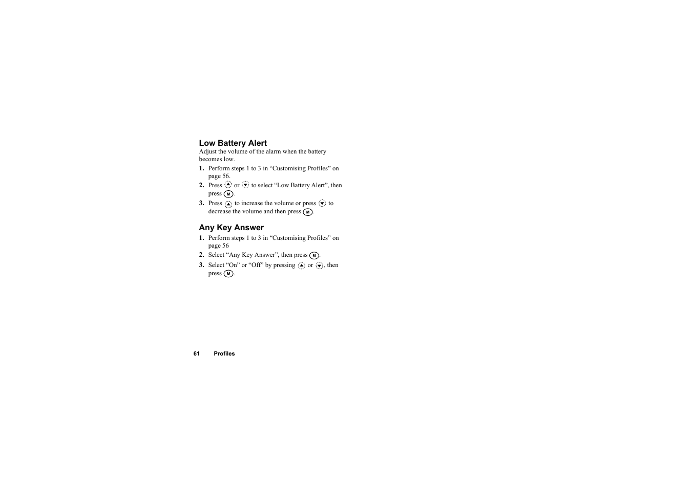 Low battery alert, Any key answer, Low battery alert any key answer | Sharp O2 User Manual | Page 62 / 132