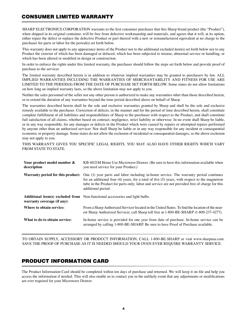 Consumer limited warranty, Product information card | Sharp KB-6021M User Manual | Page 4 / 24