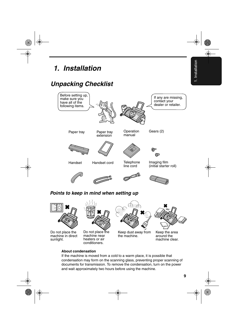 Installation, Unpacking checklist | Sharp UX-A260 User Manual | Page 11 / 108