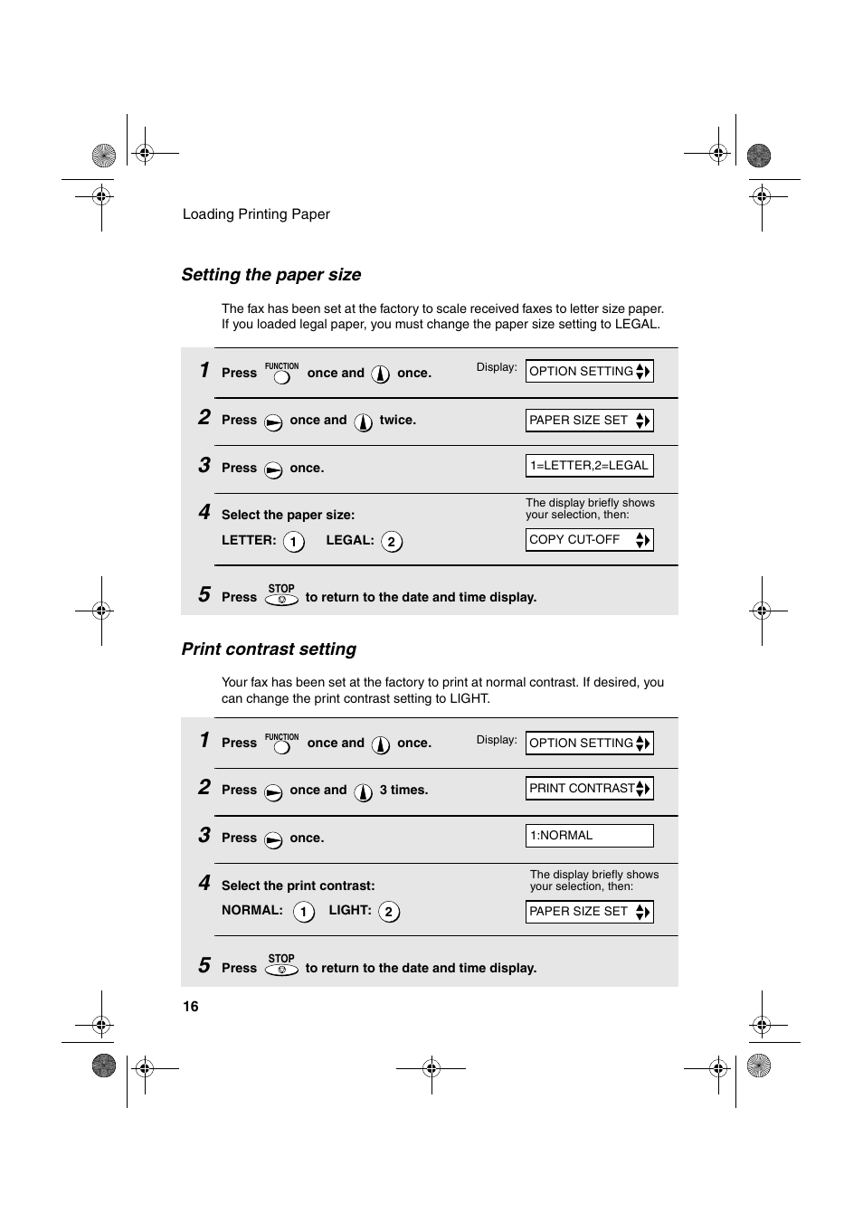 Print contrast setting, Setting the paper size | Sharp UX-A260 User Manual | Page 18 / 108