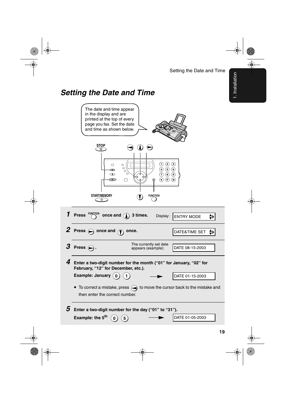 Setting the date and time | Sharp UX-A260 User Manual | Page 21 / 108