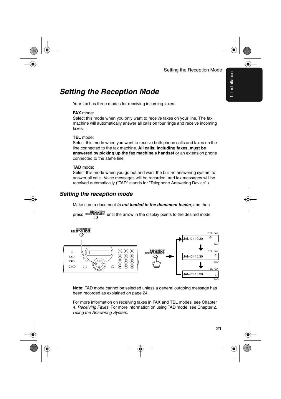 Setting the reception mode, Setting the reception mode 21 1. ins tal lati on | Sharp UX-A260 User Manual | Page 23 / 108