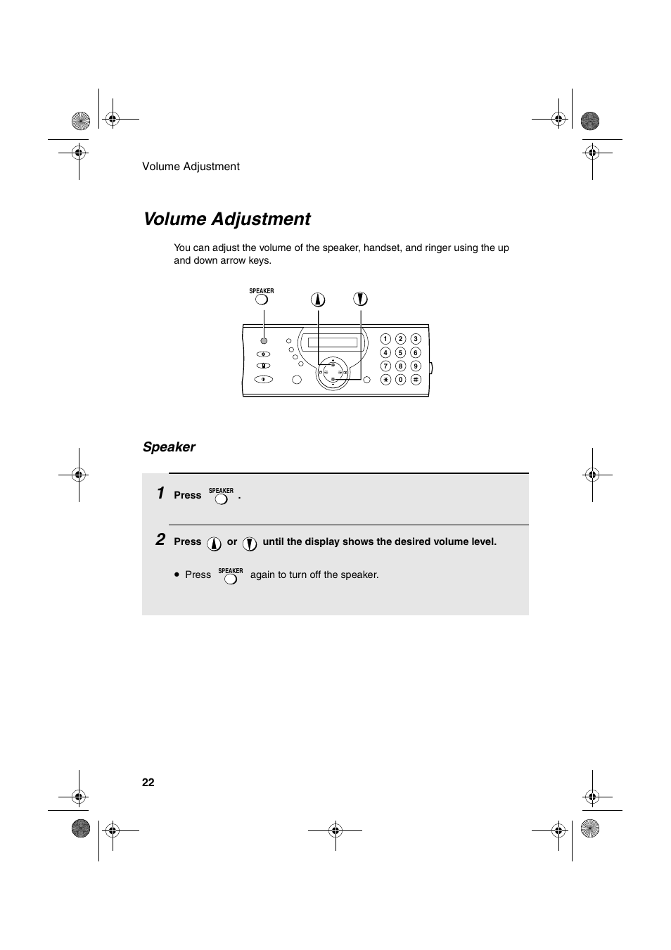 Volume adjustment, Speaker | Sharp UX-A260 User Manual | Page 24 / 108