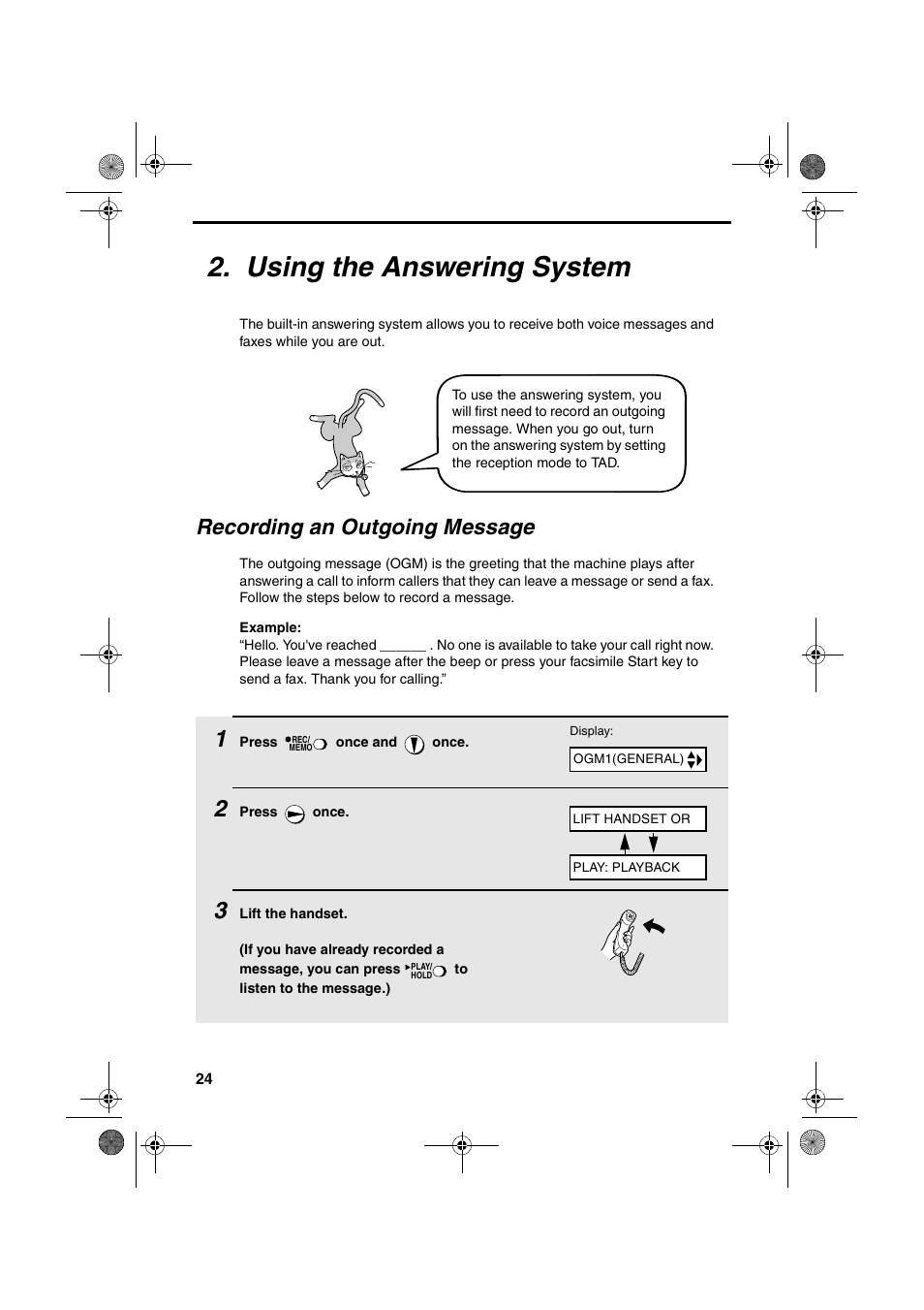 Using the answering system, Recording an outgoing message | Sharp UX-A260 User Manual | Page 26 / 108