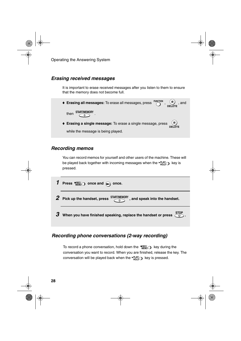 Erasing received messages, Recording phone conversations (2-way recording) | Sharp UX-A260 User Manual | Page 30 / 108