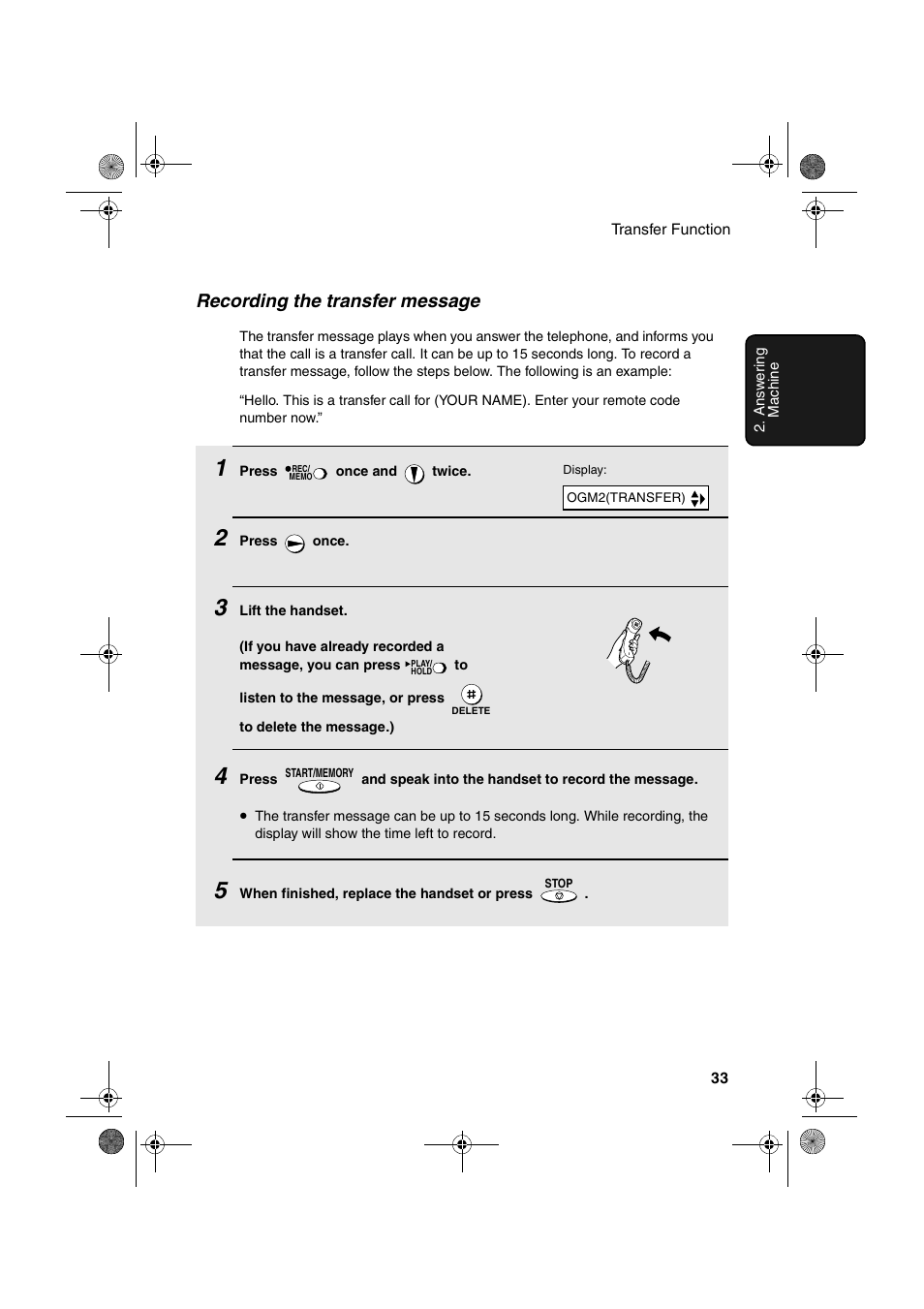Recording the transfer message | Sharp UX-A260 User Manual | Page 35 / 108