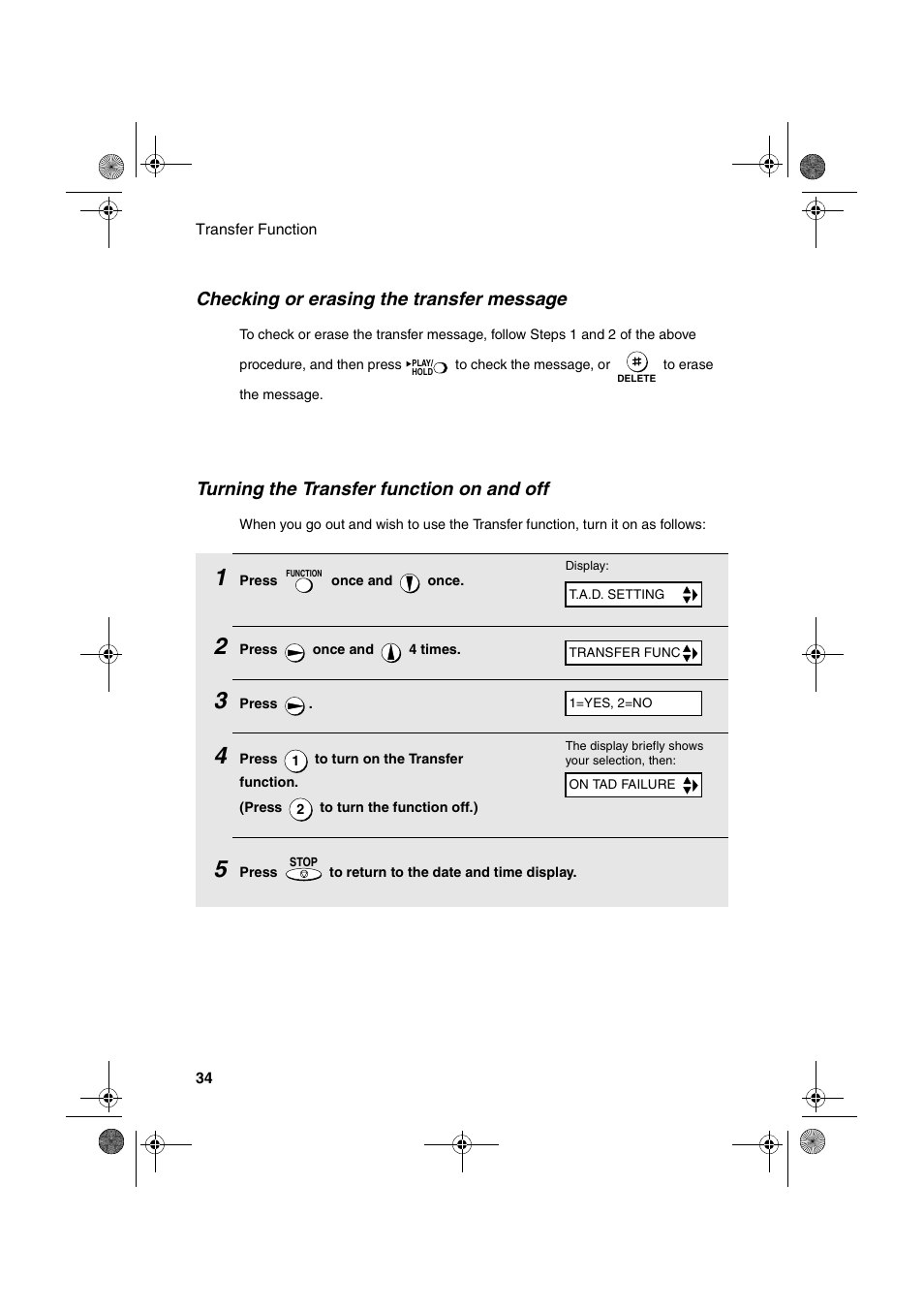 Checking or erasing the transfer message, Turning the transfer function on and off | Sharp UX-A260 User Manual | Page 36 / 108