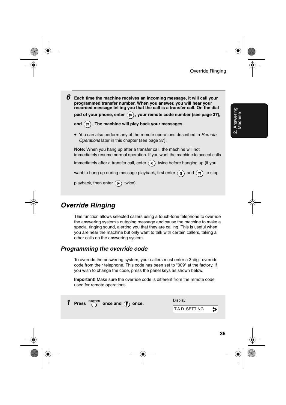 Override ringing, Programming the override code | Sharp UX-A260 User Manual | Page 37 / 108