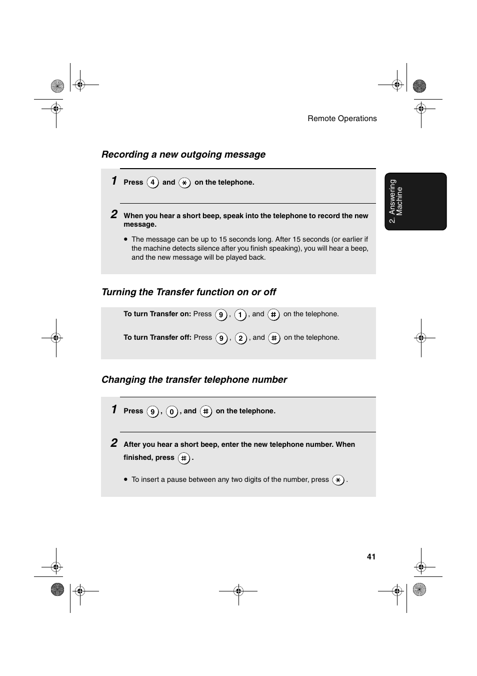 Recording a new outgoing message, Turning the transfer function on or off, Changing the transfer telephone number | Sharp UX-A260 User Manual | Page 43 / 108