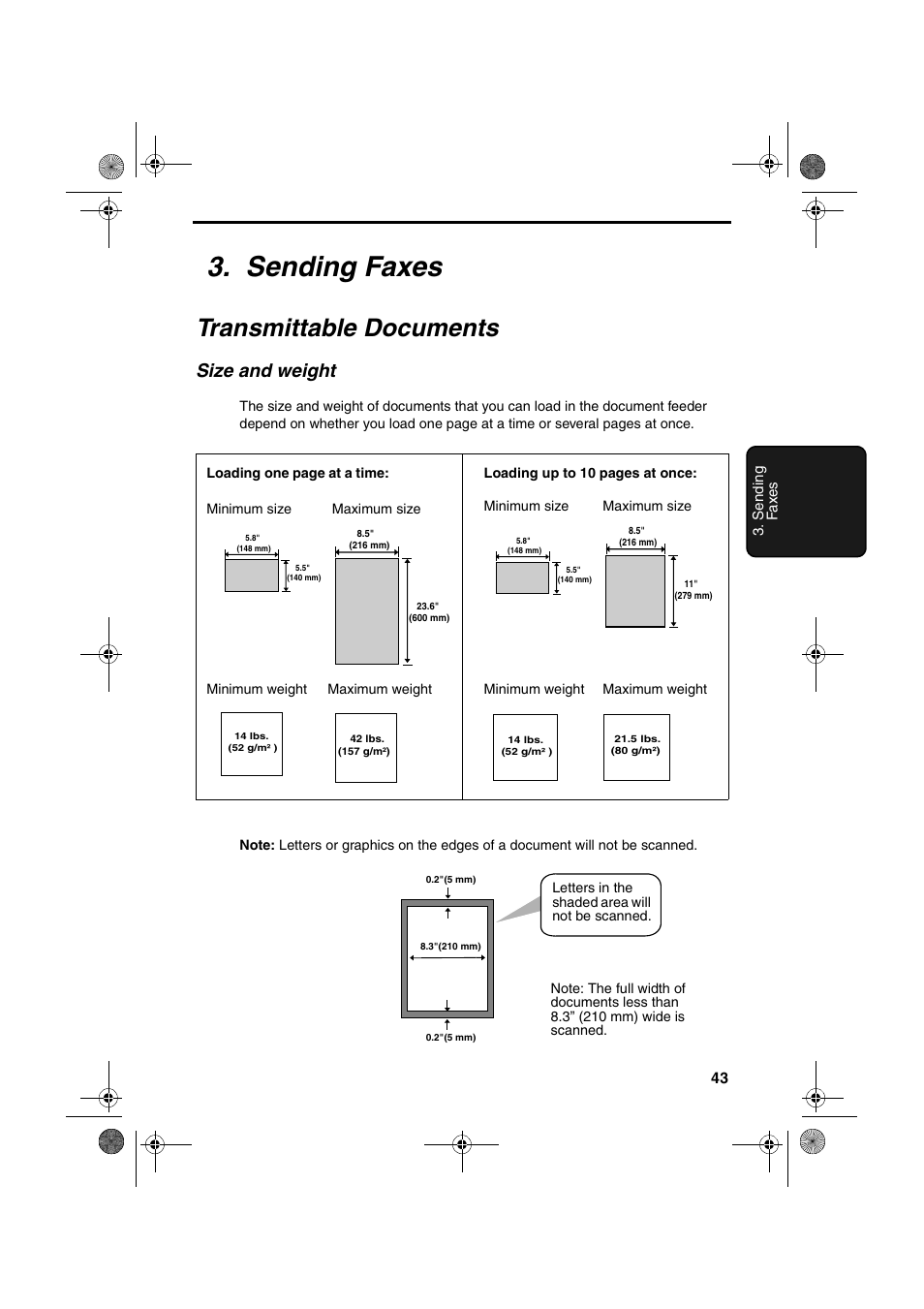 Sending faxes, Transmittable documents, Size and weight | Sharp UX-A260 User Manual | Page 45 / 108