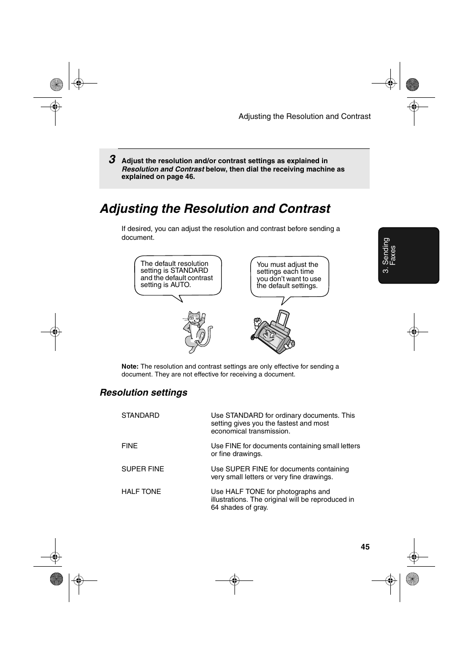 Adjusting the resolution and contrast, Resolution settings | Sharp UX-A260 User Manual | Page 47 / 108
