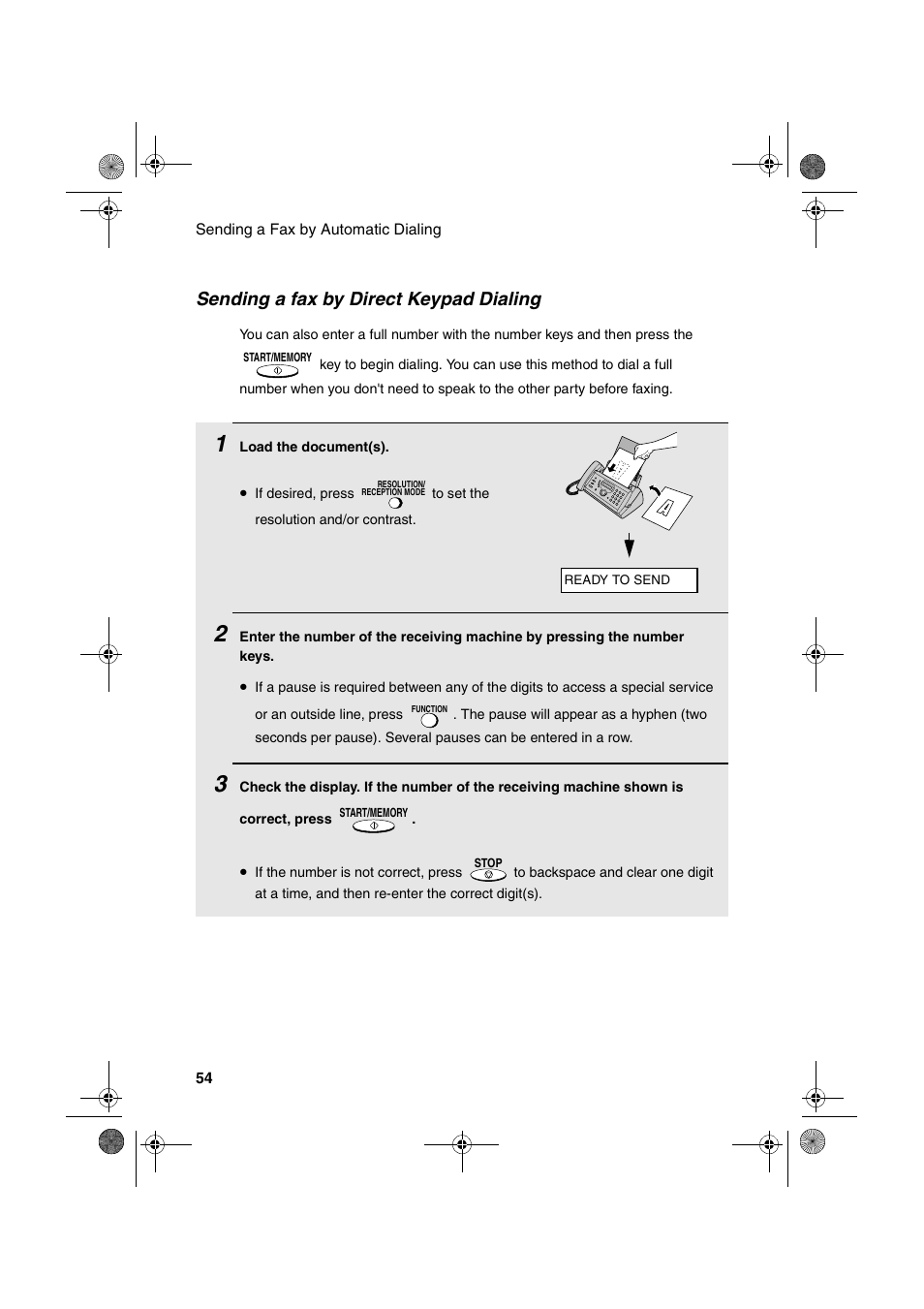 Sending a fax by direct keypad dialing | Sharp UX-A260 User Manual | Page 56 / 108