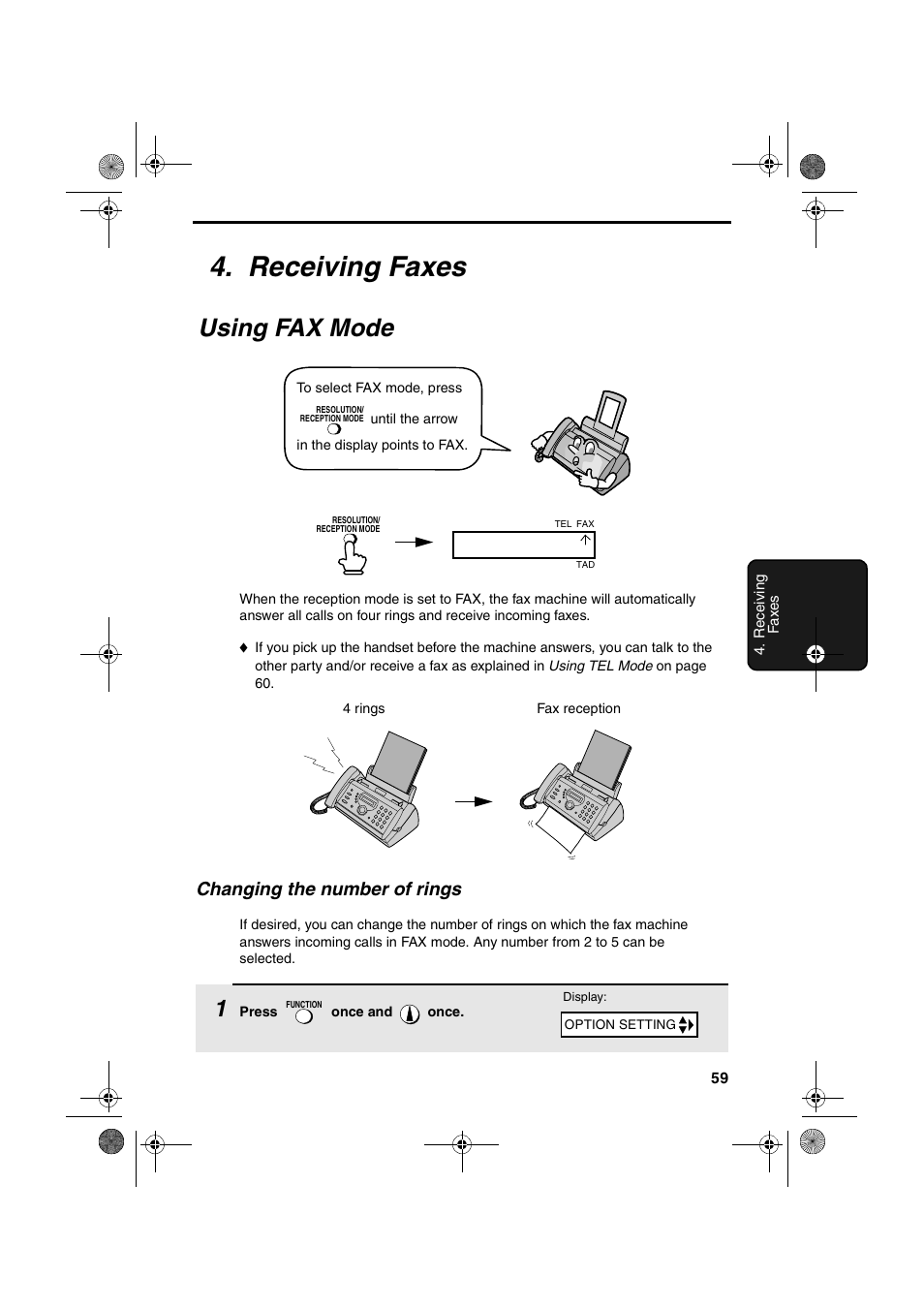 Receiving faxes, Using fax mode, Changing the number of rings | Sharp UX-A260 User Manual | Page 61 / 108