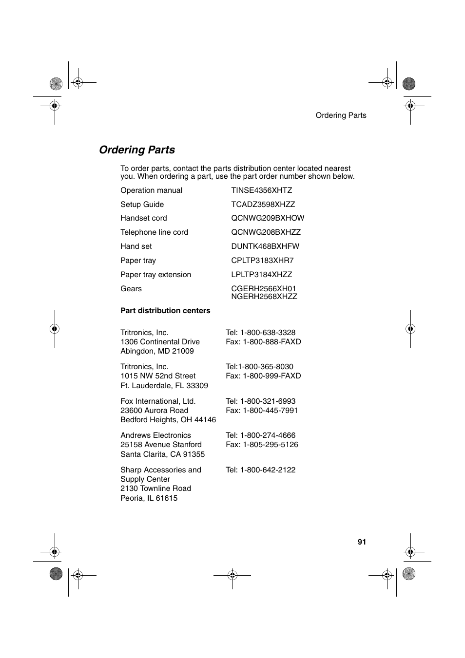 Ordering parts | Sharp UX-A260 User Manual | Page 93 / 108