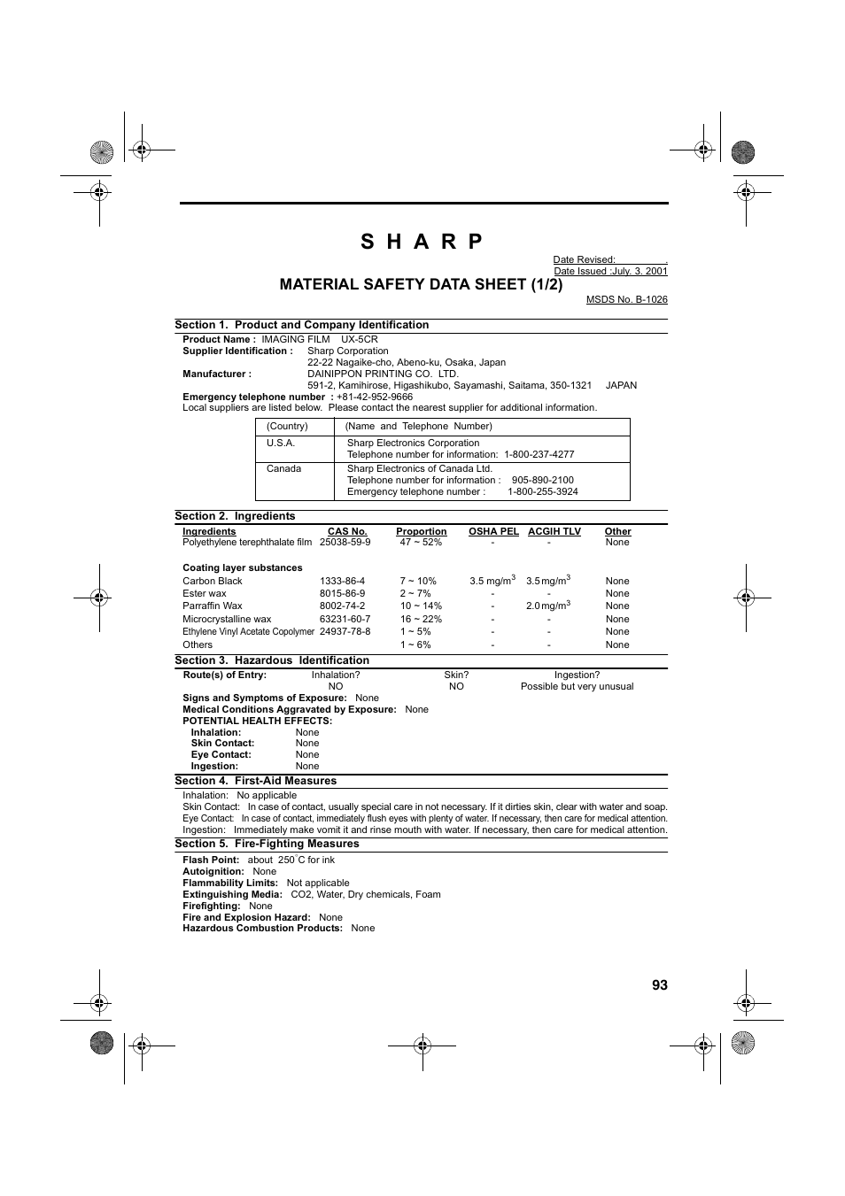Material safety data sheet (1/2) | Sharp UX-A260 User Manual | Page 95 / 108