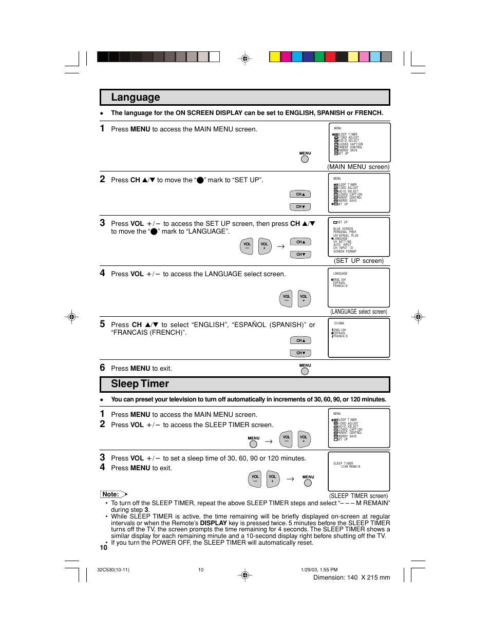 Sleep timer, Language, Press menu to access the main menu screen | Press ch a/s to move the “e” mark to “set up, Press vol k/l to access the language select screen, Press menu to exit, Press vol k/l to access the sleep timer screen | Sharp 32C530 User Manual | Page 10 / 60