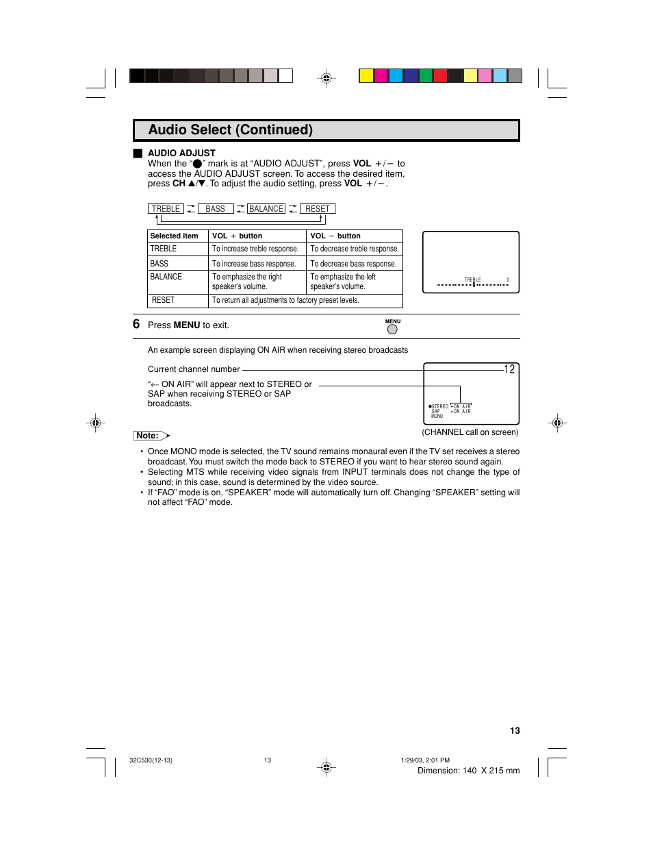 Audio select (continued) | Sharp 32C530 User Manual | Page 13 / 60