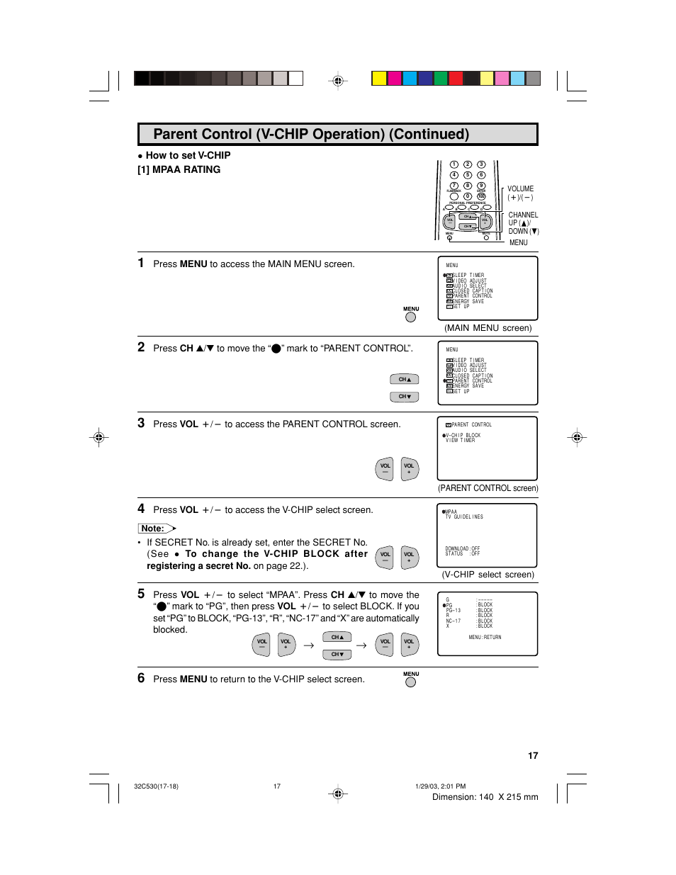 Parent control (v-chip operation) (continued), How to set v-chip [1] mpaa rating, Press menu to access the main menu screen | Press vol k/l to access the parent control screen, Press vol k/l to access the v-chip select screen, Press menu to return to the v-chip select screen | Sharp 32C530 User Manual | Page 17 / 60