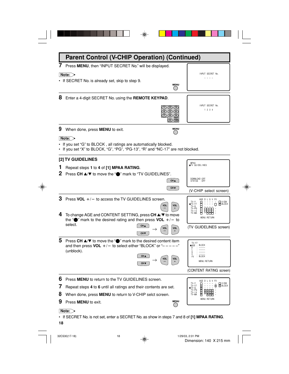 Parent control (v-chip operation) (continued), 2] tv guidelines, If secret no. is already set, skip to step 9 | Enter a 4-digit secret no. using the remote keypad, When done, press menu to exit, Repeat steps 1 to 4 of [1] mpaa rating, Press vol k/l to access the tv guidelines screen, Press menu to return to the tv guidelines screen, Press menu to exit | Sharp 32C530 User Manual | Page 18 / 60