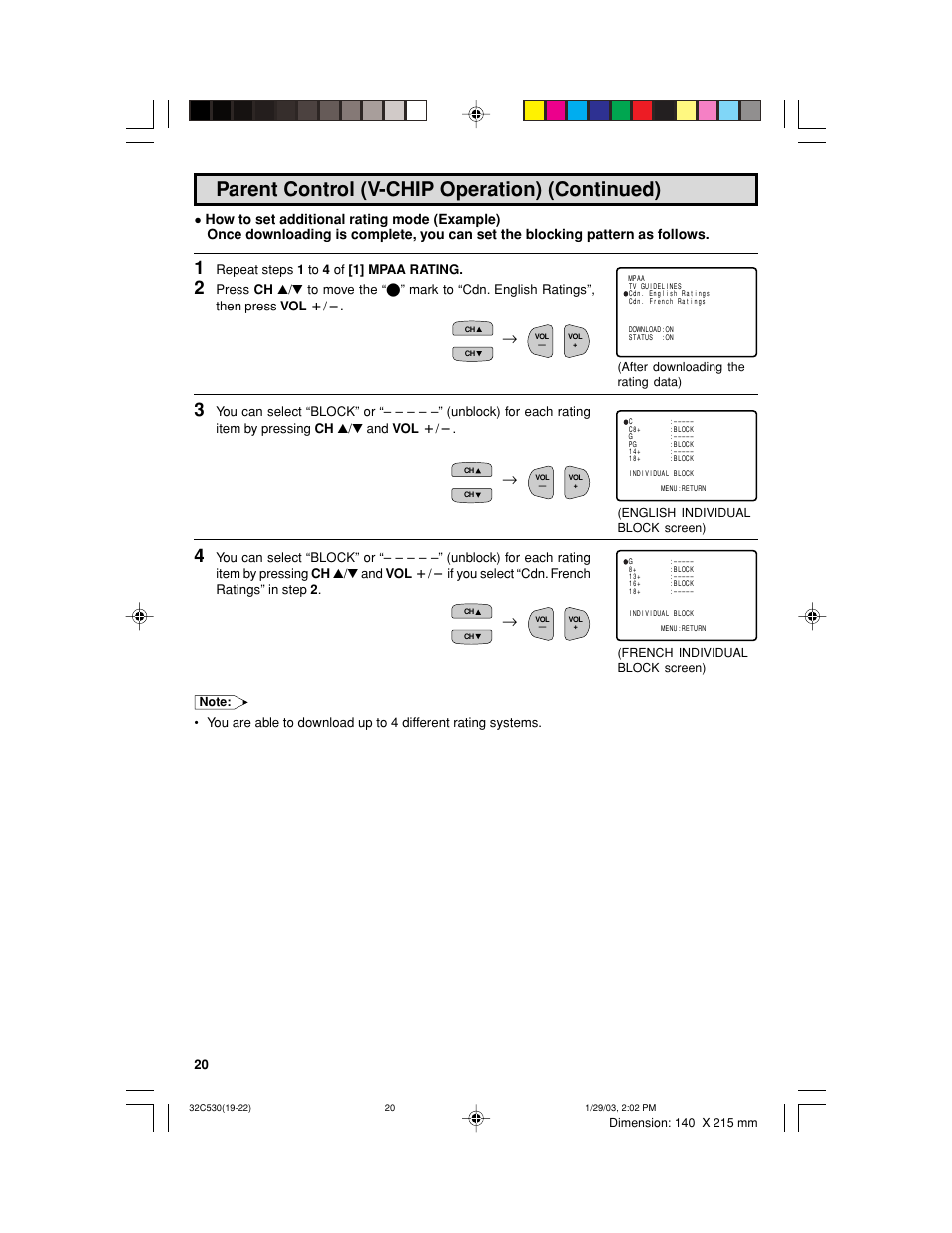 Parent control (v-chip operation) (continued), Repeat steps 1 to 4 of [1] mpaa rating | Sharp 32C530 User Manual | Page 20 / 60