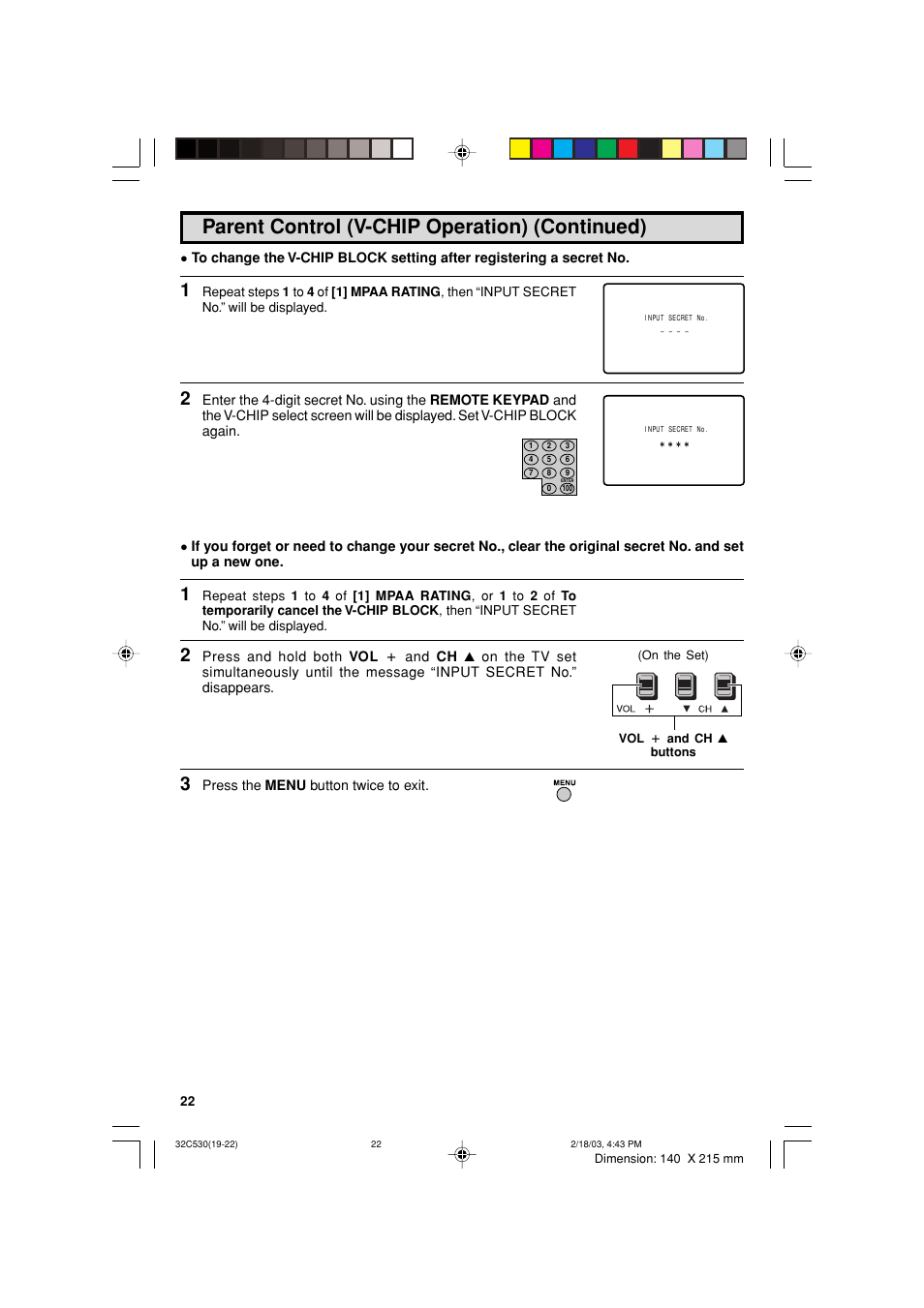 Parent control (v-chip operation) (continued) | Sharp 32C530 User Manual | Page 22 / 60