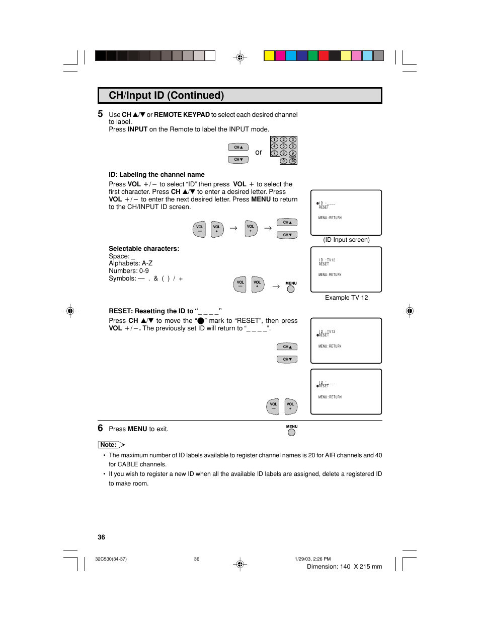 Ch/input id (continued), Press menu to exit | Sharp 32C530 User Manual | Page 36 / 60