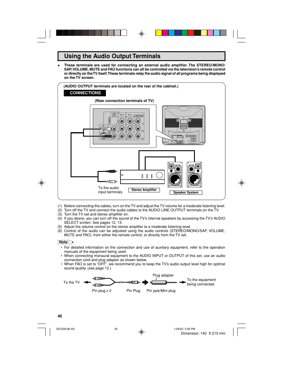 Using the audio output terminals | Sharp 32C530 User Manual | Page 40 / 60