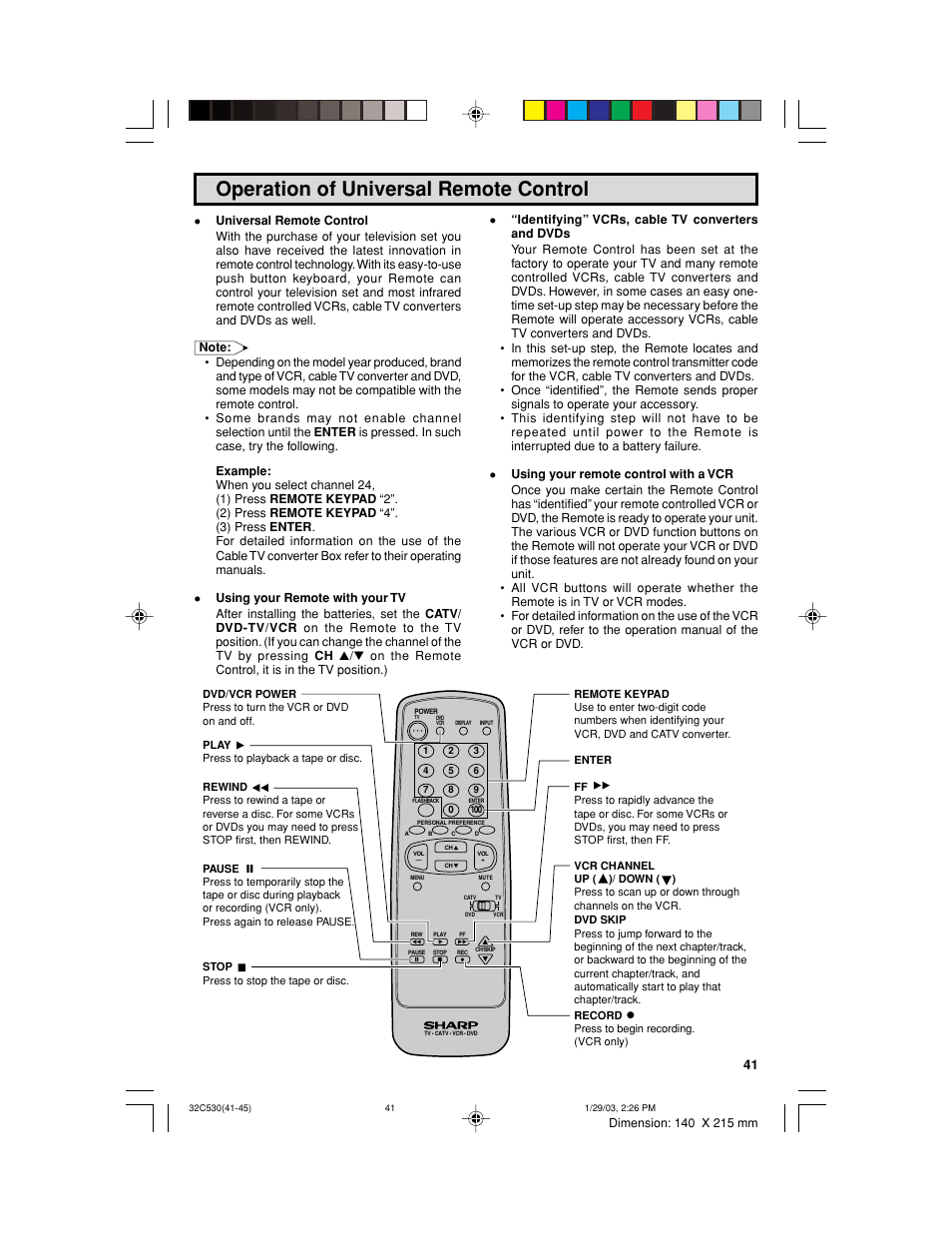 Operation of universal remote control | Sharp 32C530 User Manual | Page 41 / 60