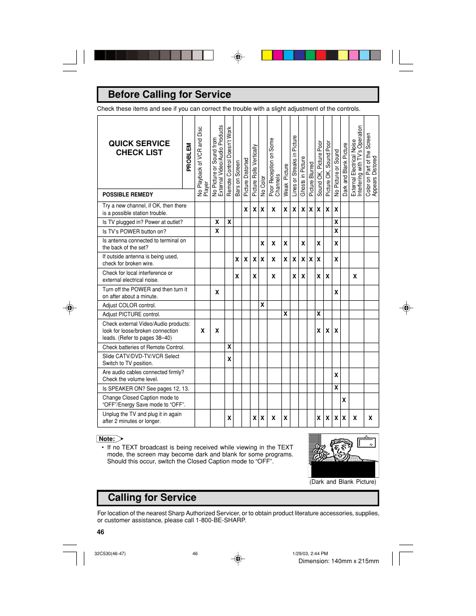 Before calling for service, Calling for service, Quick service check list | Sharp 32C530 User Manual | Page 46 / 60