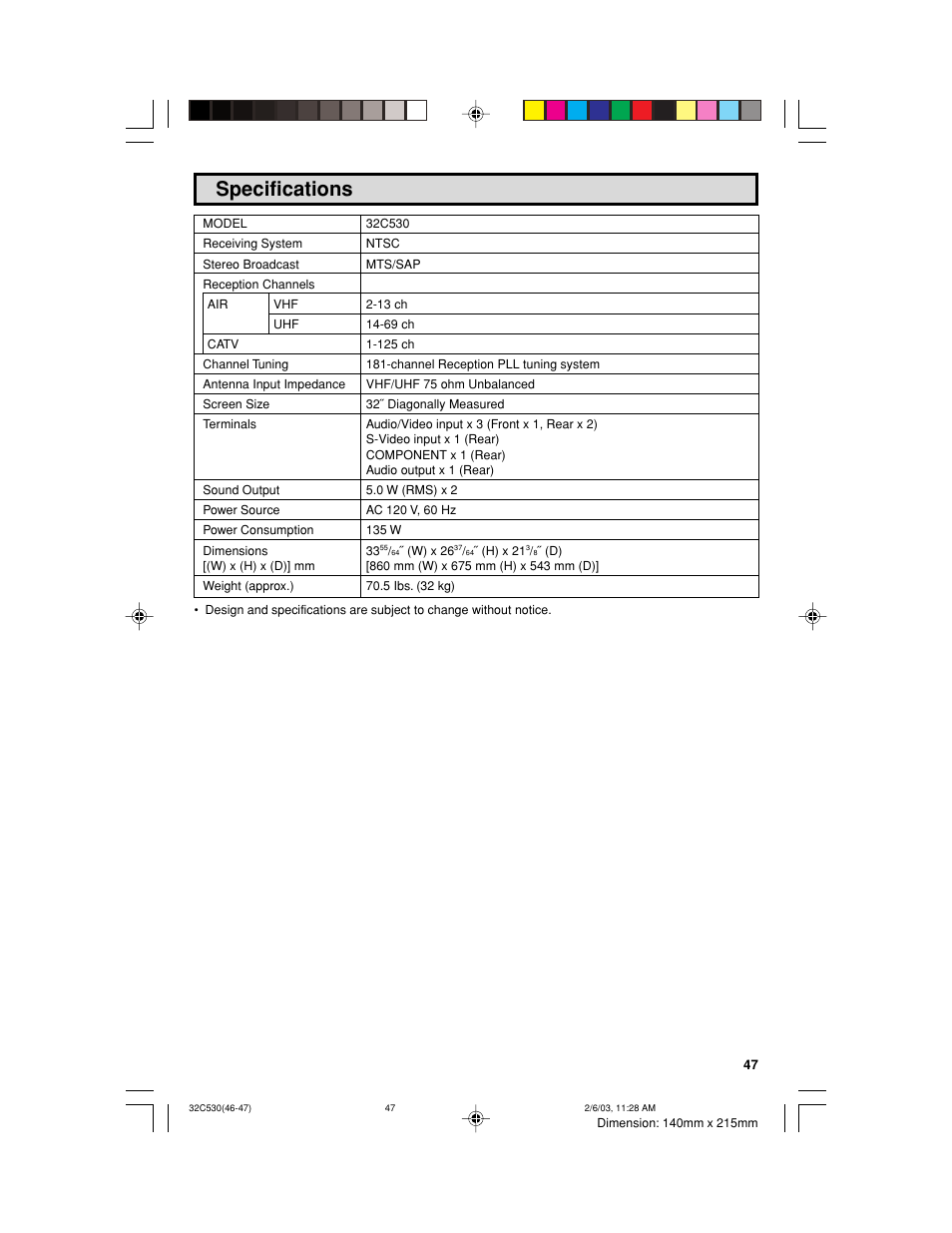 Specifications | Sharp 32C530 User Manual | Page 47 / 60