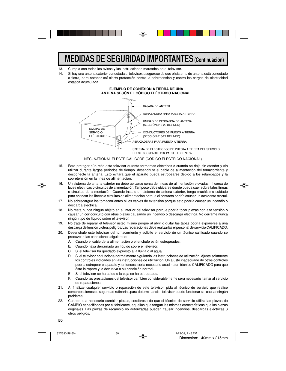 Medidas de seguridad importantes, Continuación) | Sharp 32C530 User Manual | Page 50 / 60