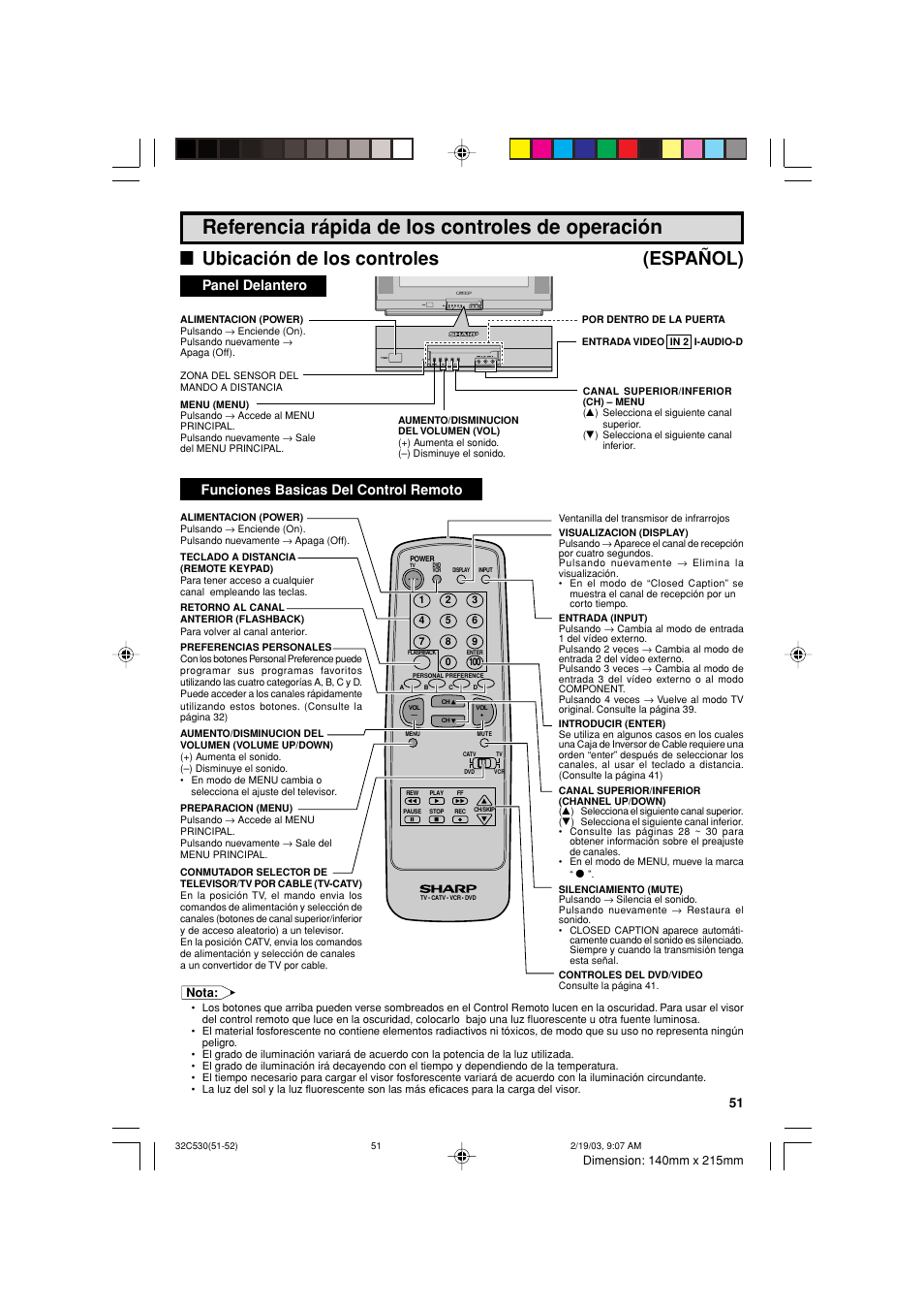 Referencia rápida de los controles de operación, Lubicación de los controles (español), Panel delantero | Funciones basicas del control remoto | Sharp 32C530 User Manual | Page 51 / 60