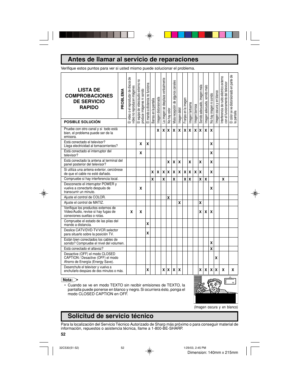 Antes de llamar al servicio de reparaciones, Solicitud de servicio técnico, Lista de comprobaciones de servicio rapido | Sharp 32C530 User Manual | Page 52 / 60