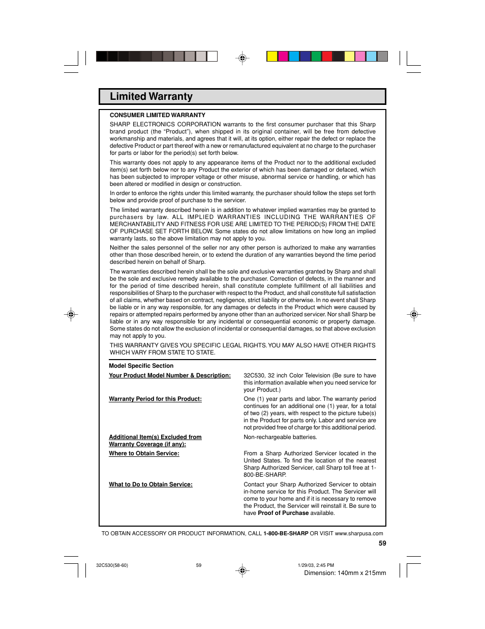 Limited warranty | Sharp 32C530 User Manual | Page 59 / 60