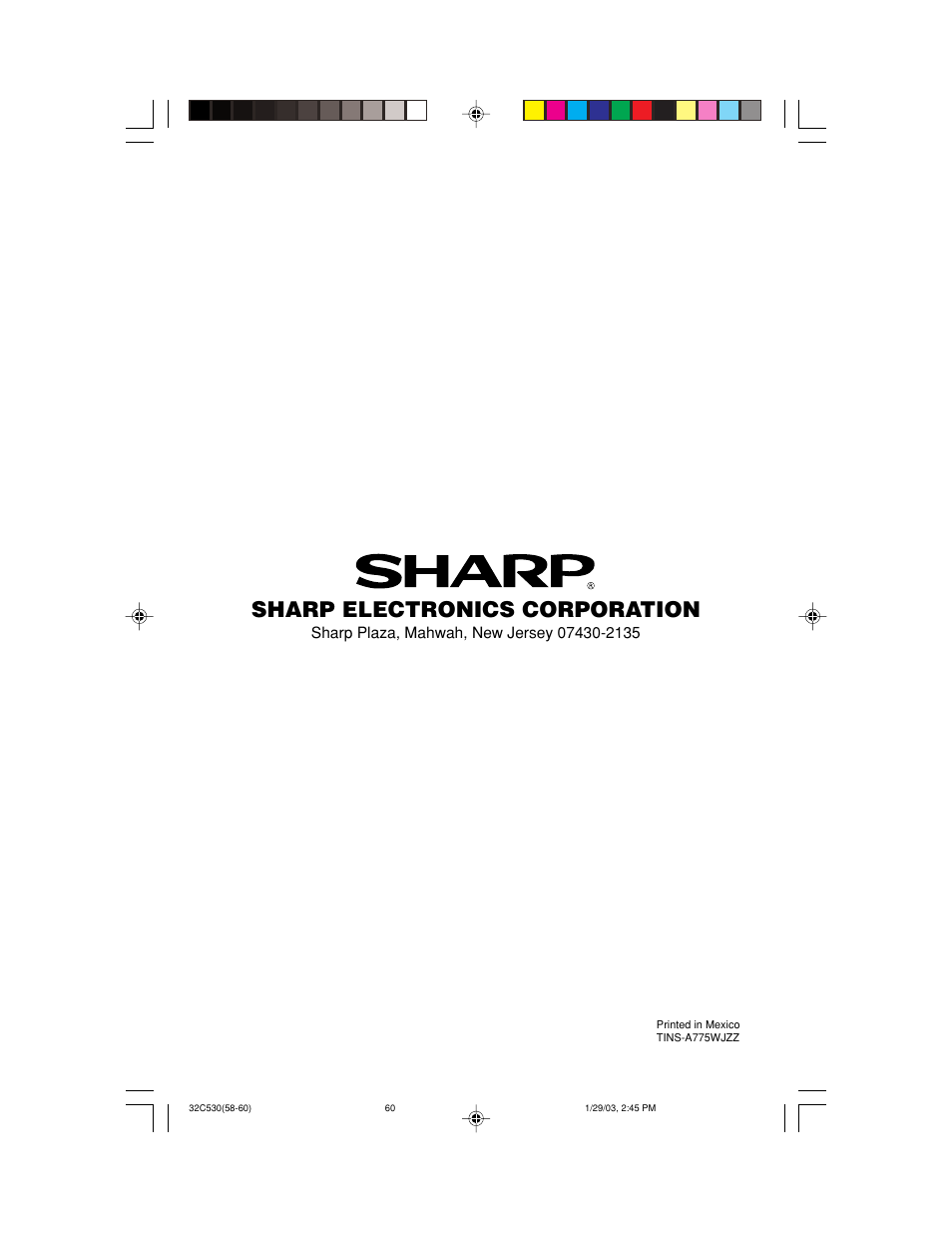 Sharp electronics corporation | Sharp 32C530 User Manual | Page 60 / 60